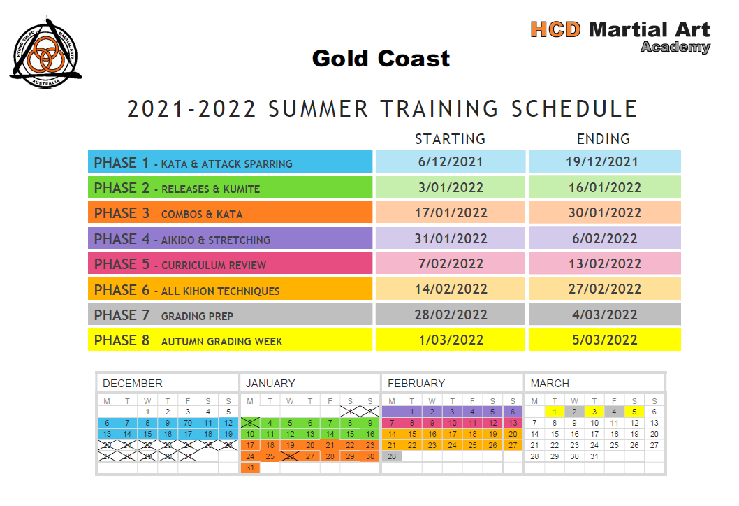 HCD Martial Art Academy 2020 Spring Grading Schedule